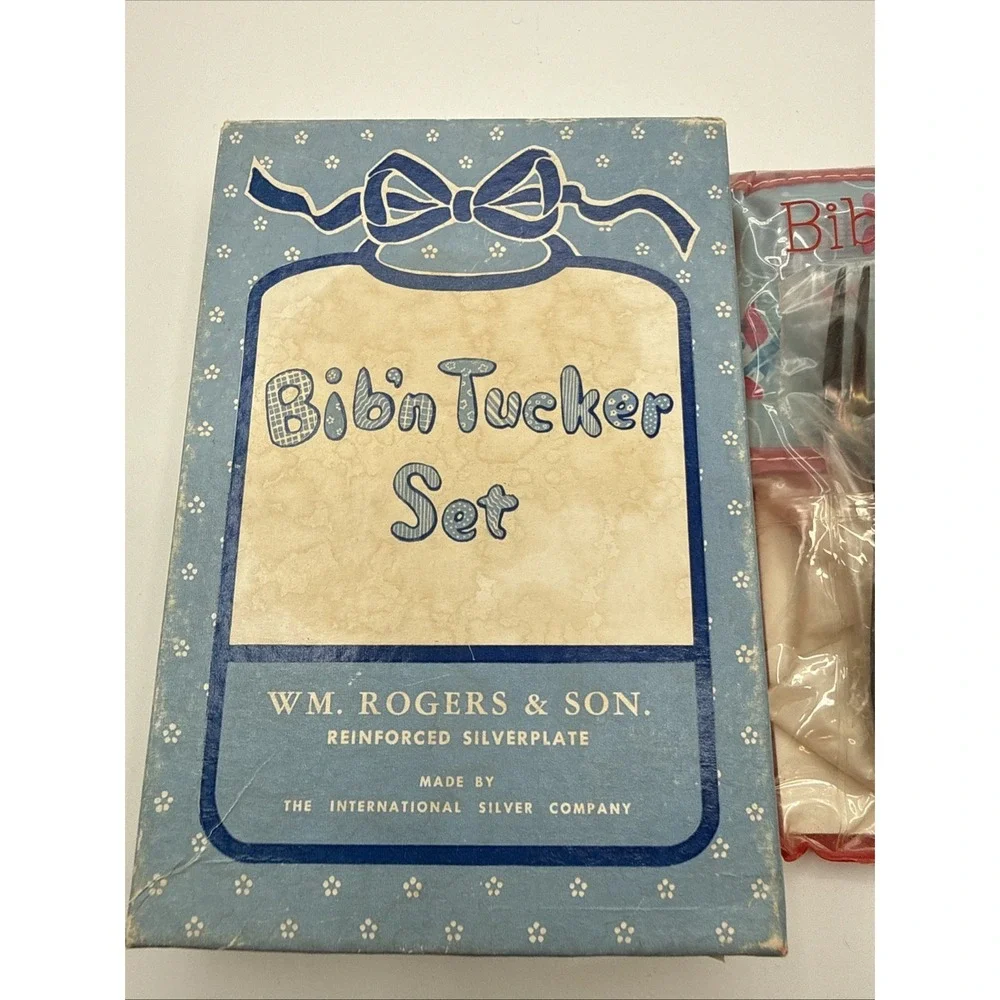 Vtg Rogers‎ & Son Bid'n Tucker Baby Silverware Set bib Fork Spoon Original Box